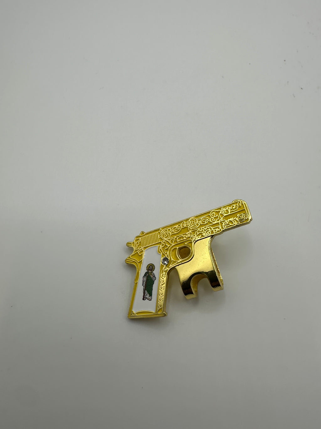 Engraved .45 w/ San Judas Gold Hat Blip