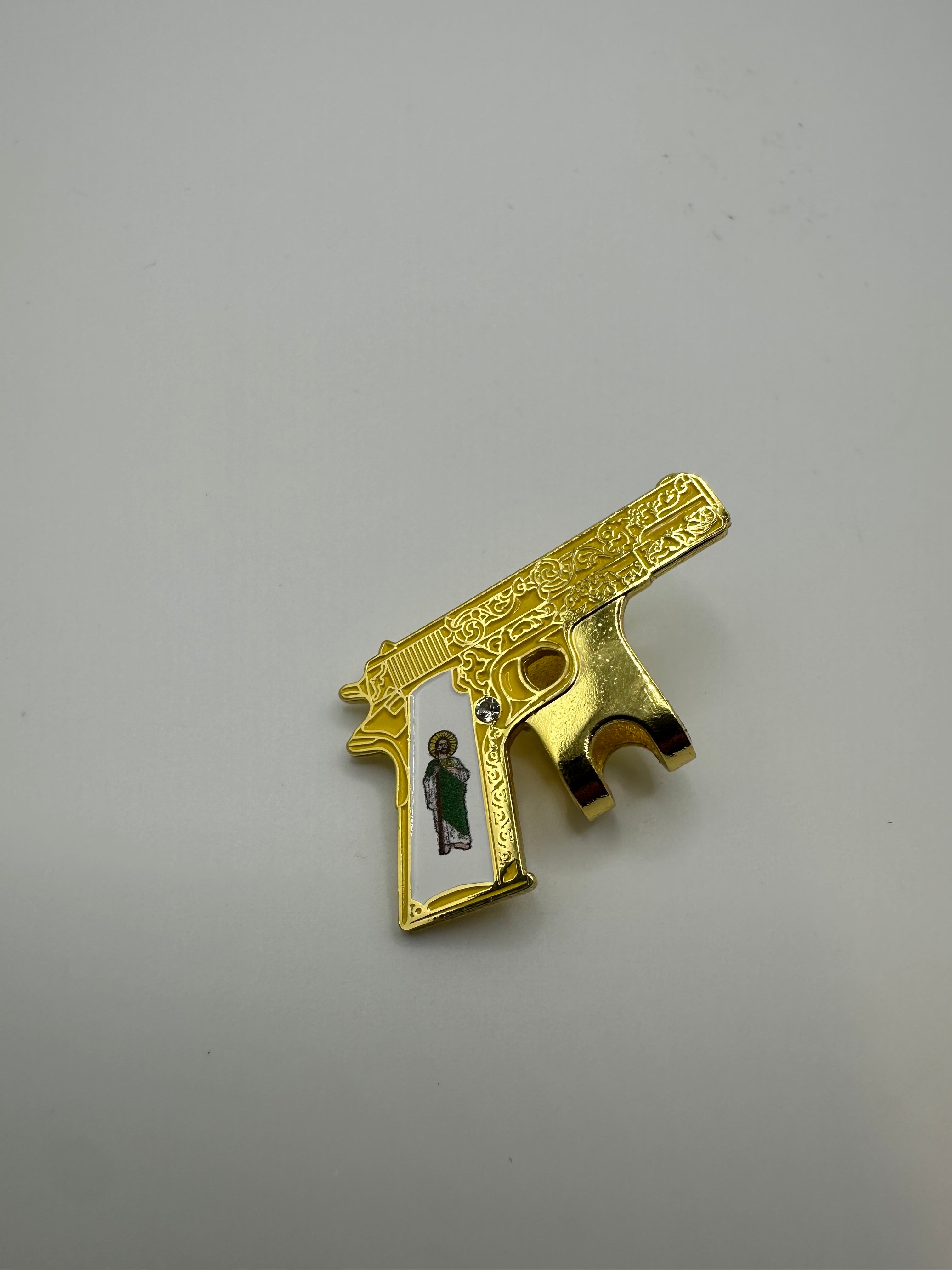 Engraved .45 w/ San Judas Gold Hat Blip